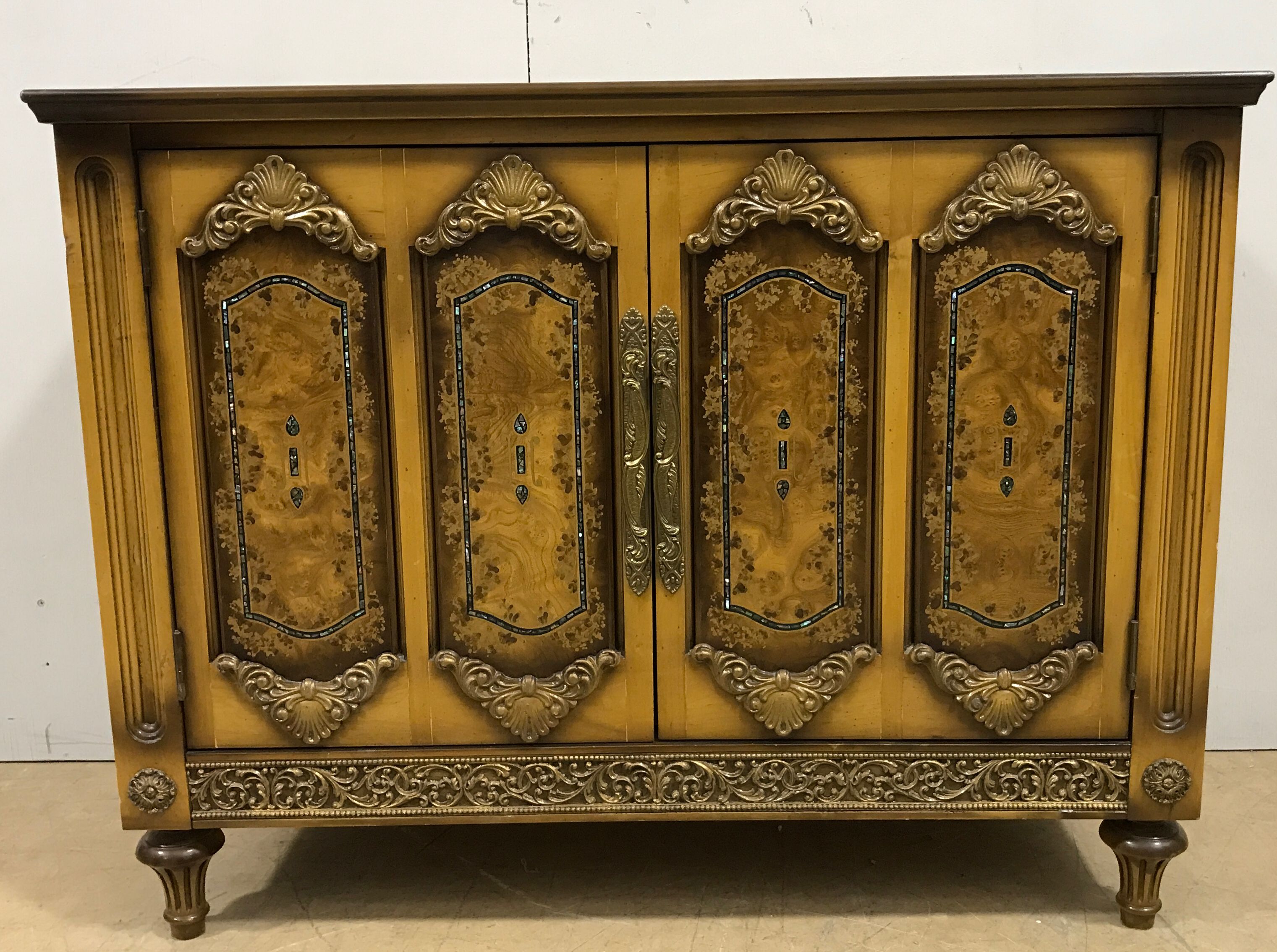 Vintage Ornate Carved & Painted Wooden Storage Cabinet with Gold Accents