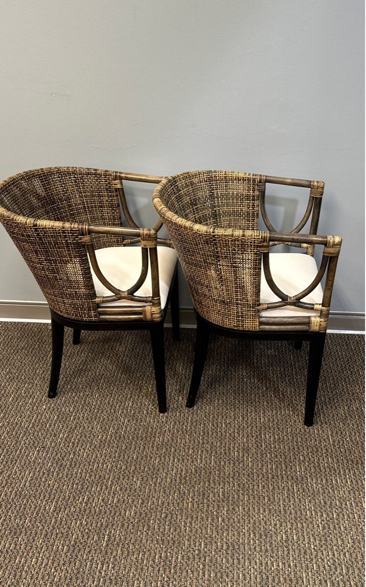 Two Modern Safavieh Brown And Black Mahogany, Rattan, and Cotton Accent Chairs