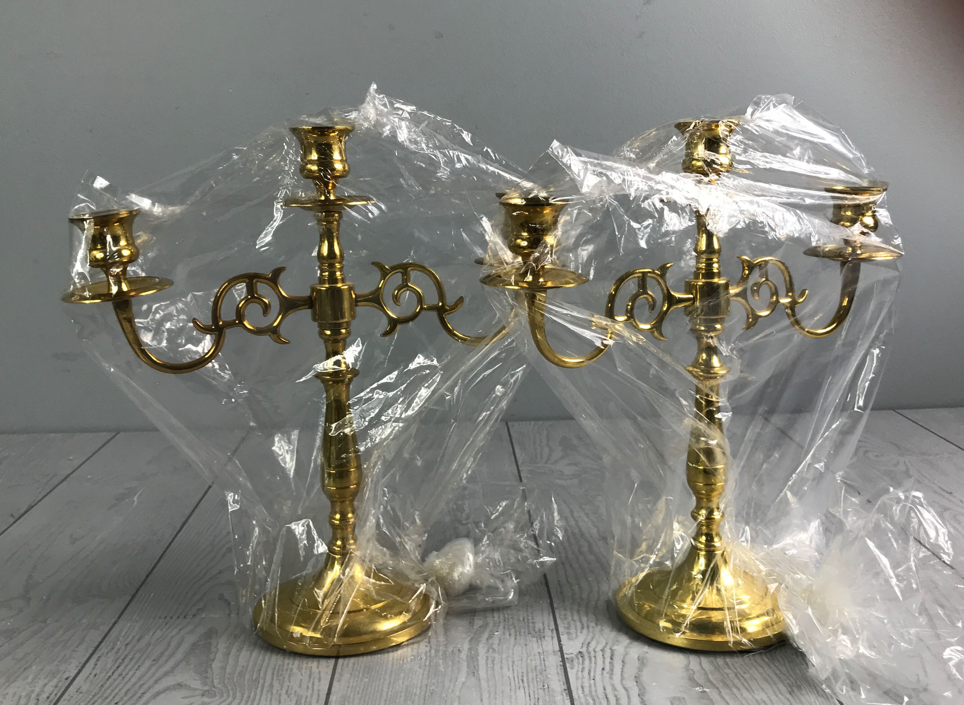 2 Three-Arm Carolina Brass Candlesticks Candle Holders 11.25" - Shiny Gold Toned