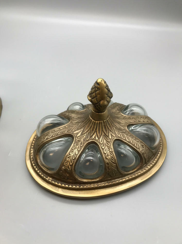 Vintage Hand Blown Convex Glass and Brass Lidded Dresser Jewelry Trinket Box - Like New