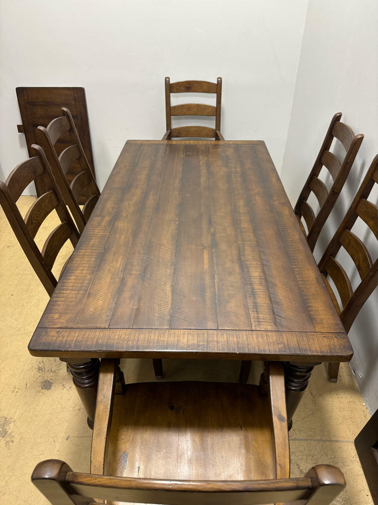 Beautiful Brown Wood Pottery Barn Dining Table with 6 Chairs and Extensions - Very Good