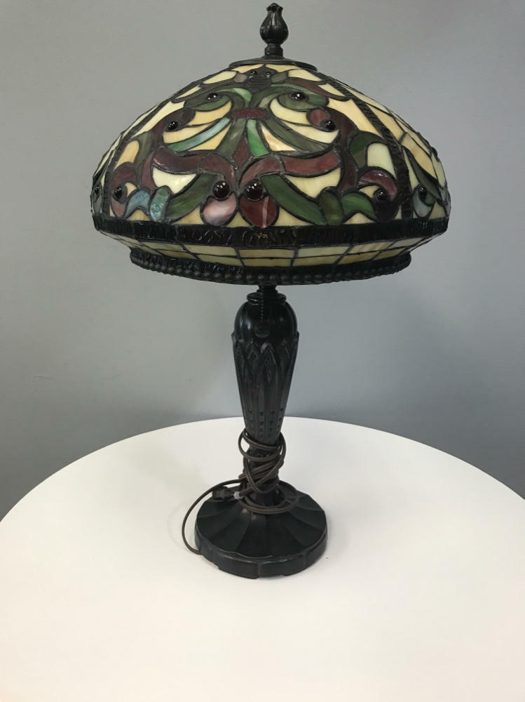 Large Colorful Vintage Tiffany Style Lamp - Black Base - Item Not Tested - Very Good