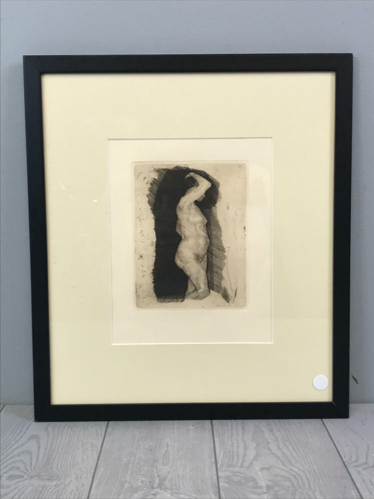 Framed Artwork "Standing Nude Figure" etching by Kathe Kollwitz - Black Frame - Very Good