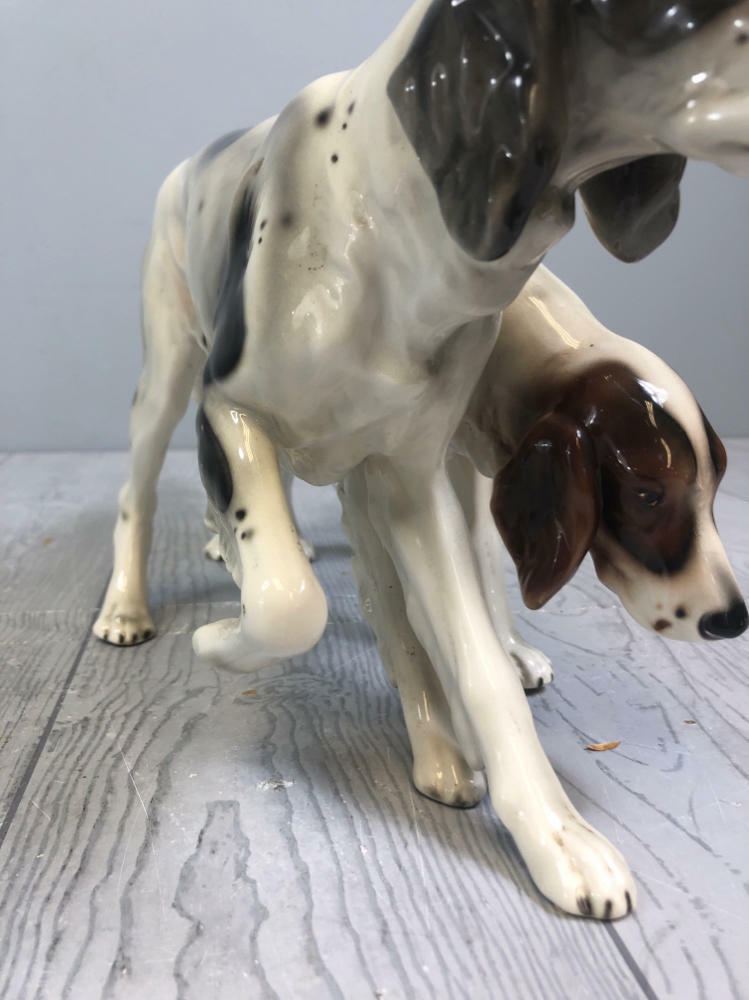 Austrian Ceramic Dogs Brown White Glaze Statue Makers Marks - Collectible - Good