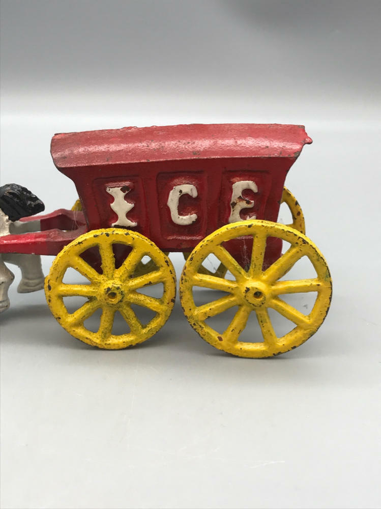 Antique Old Cast Iron Pull Toy Ice Wagon Horse and Carriage Farm House Vintage - Good