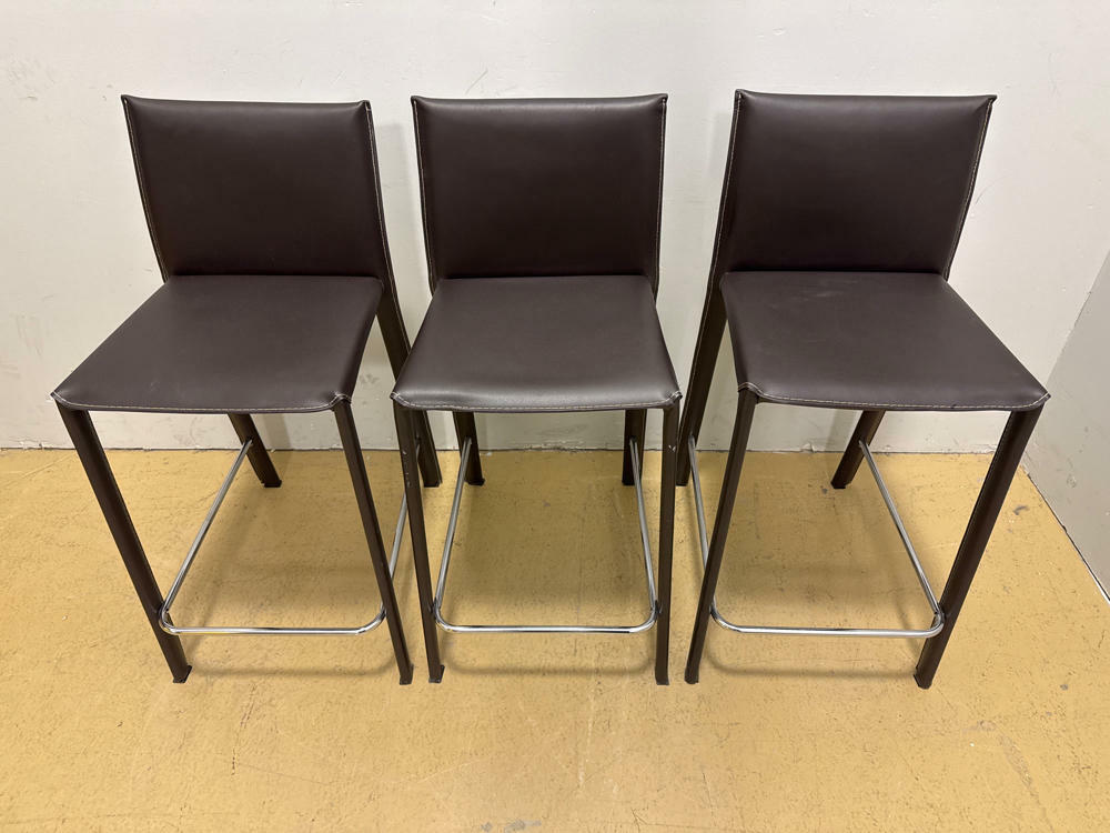 Set of Three Brown Faux Leather Bar/Counter Stools with Chrome Footrest - Good