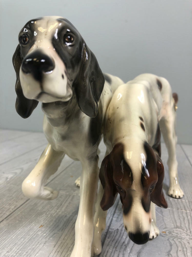 Austrian Ceramic Dogs Brown White Glaze Statue Makers Marks - Collectible - Good