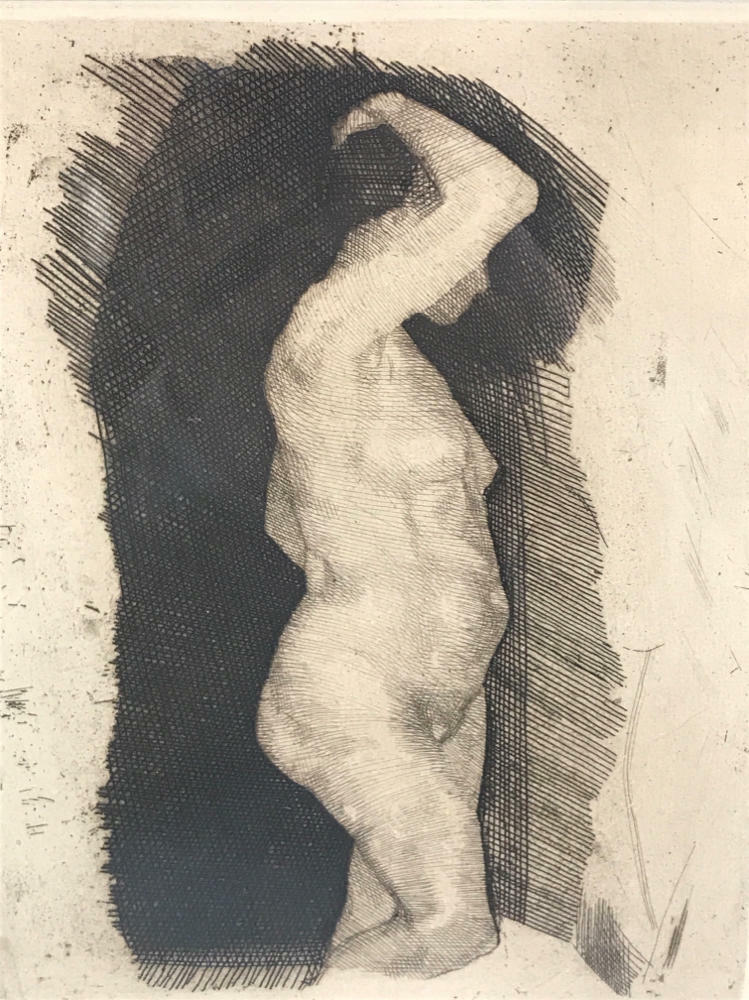 Framed Artwork "Standing Nude Figure" etching by Kathe Kollwitz - Black Frame - Very Good