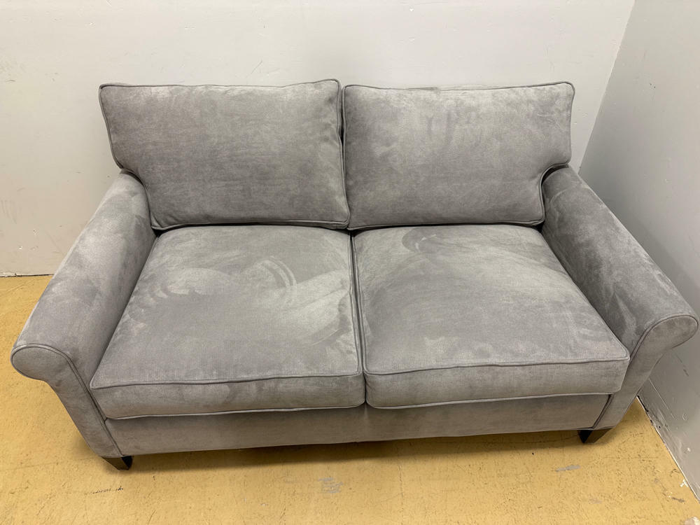 Grey Crate&Barrel Loveseat with Two Pillows- Very Clean Microfiber Like Texture - Good