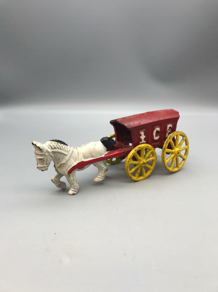 Antique Old Cast Iron Pull Toy Ice Wagon Horse and Carriage Farm House Vintage - Good