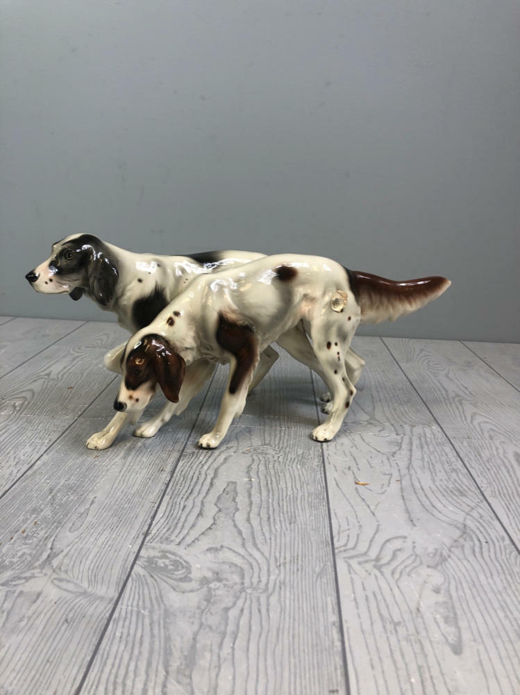 Austrian Ceramic Dogs Brown White Glaze Statue Makers Marks - Collectible - Good