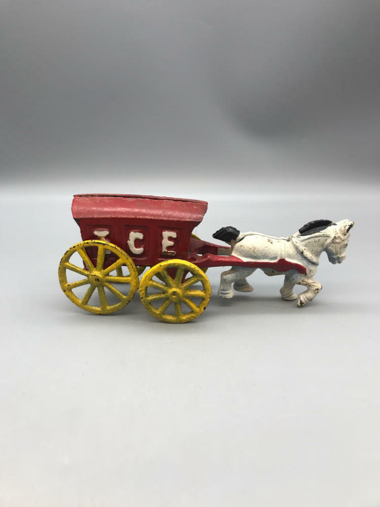 Antique Old Cast Iron Pull Toy Ice Wagon Horse and Carriage Farm House Vintage - Good