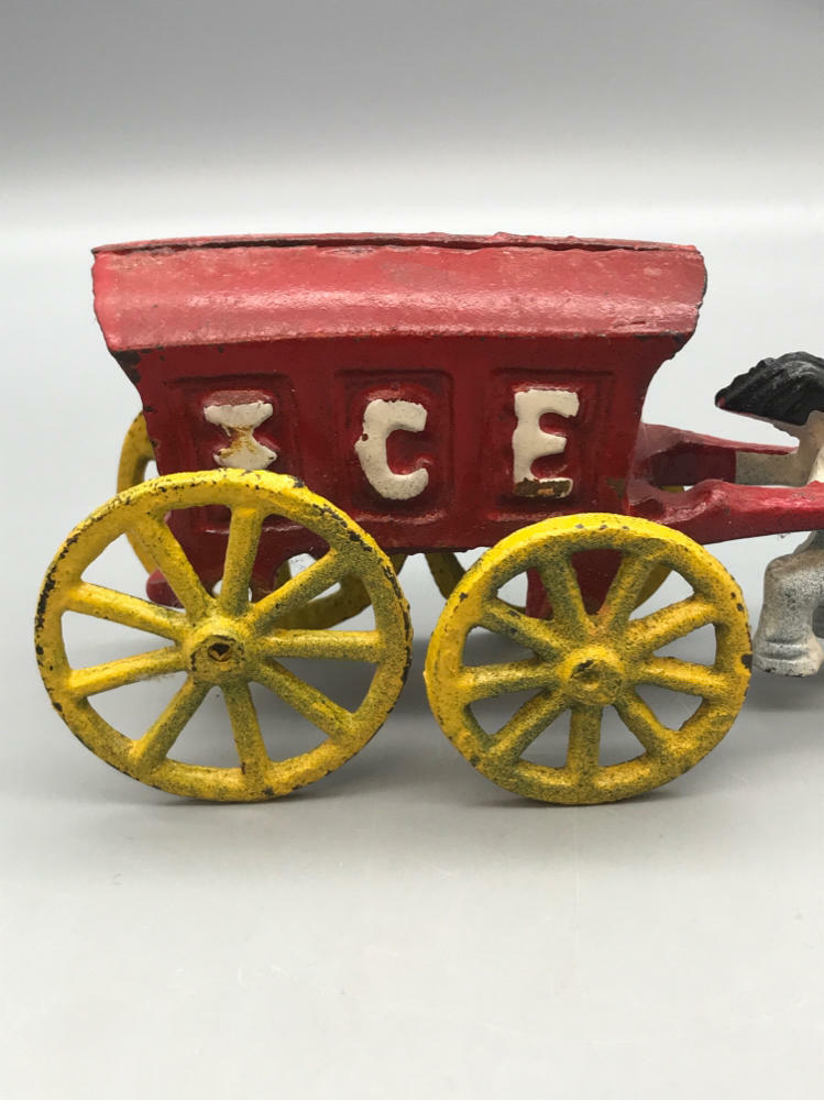 Antique Old Cast Iron Pull Toy Ice Wagon Horse and Carriage Farm House Vintage - Good