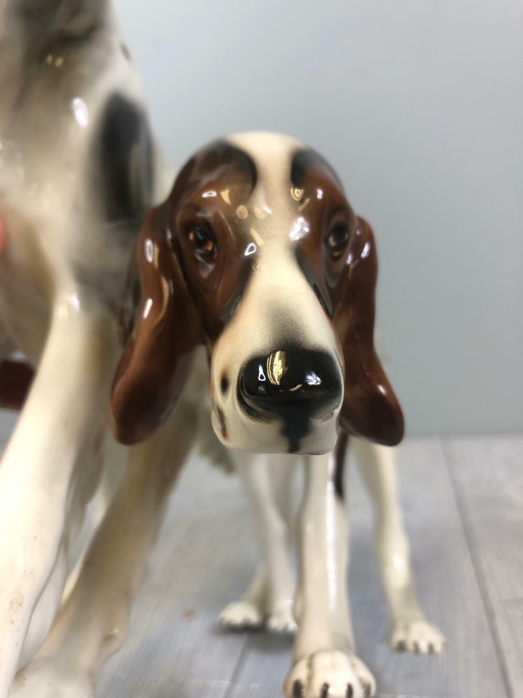 Austrian Ceramic Dogs Brown White Glaze Statue Makers Marks - Collectible - Good