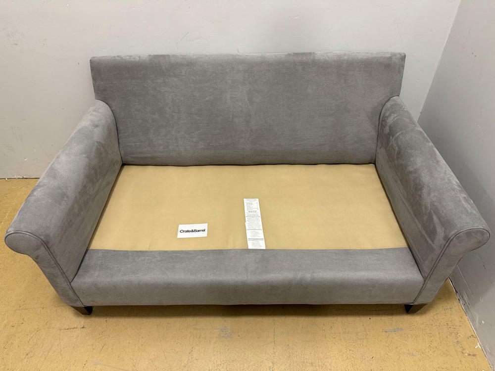 Grey Crate&Barrel Loveseat with Two Pillows- Very Clean Microfiber Like Texture - Good