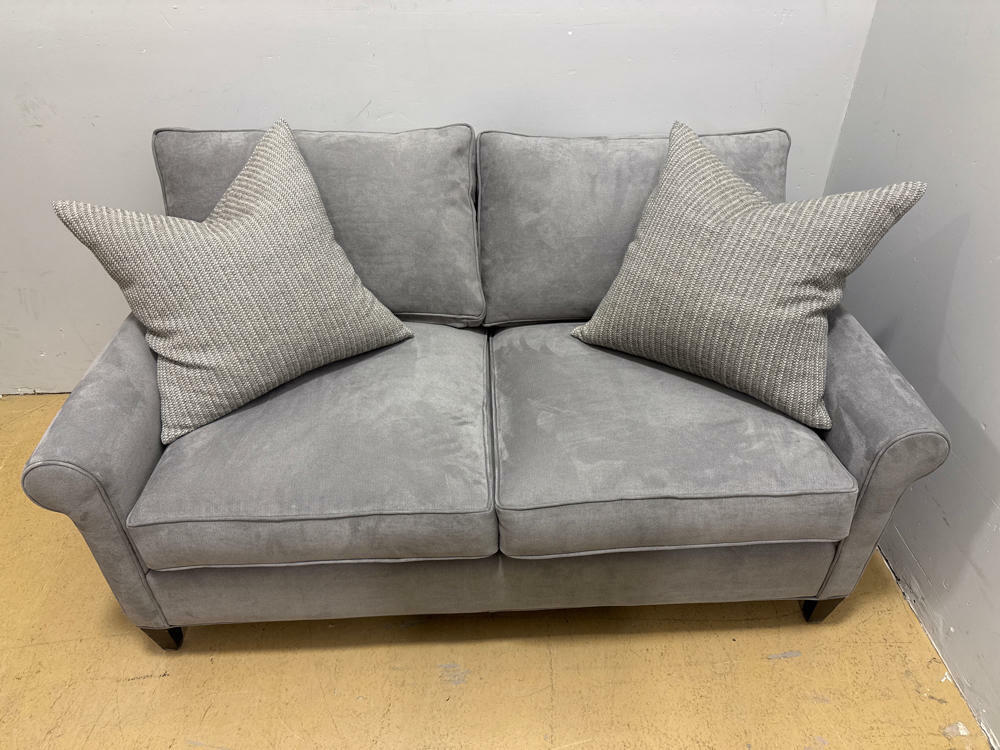 Grey Crate&Barrel Loveseat with Two Pillows- Very Clean Microfiber Like Texture - Good