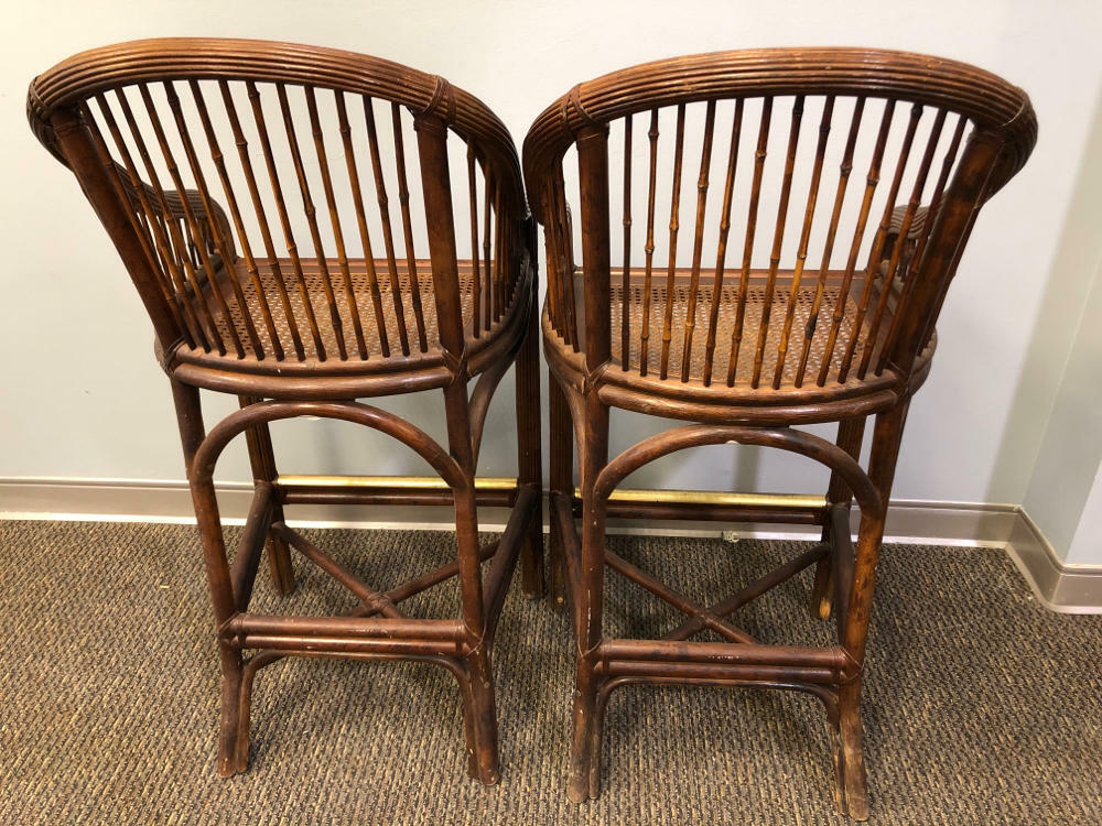 Set of 2 Gorgeous Mid Century Brighton Pavilion Scorched Bamboo Cane Bar Stools - Good