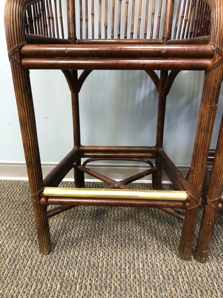 Set of 2 Gorgeous Mid Century Brighton Pavilion Scorched Bamboo Cane Bar Stools - Good