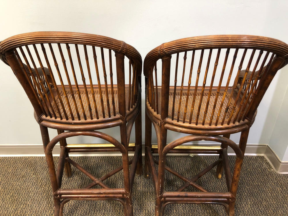 Set of 2 Gorgeous Mid Century Brighton Pavilion Scorched Bamboo Cane Bar Stools - Good