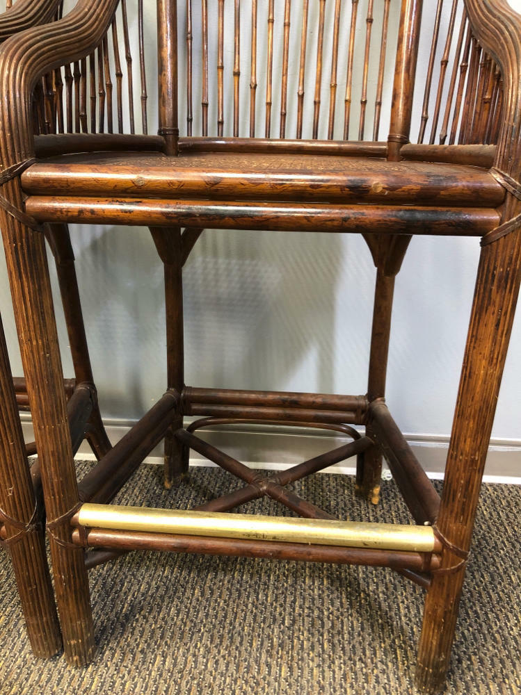 Set of 2 Gorgeous Mid Century Brighton Pavilion Scorched Bamboo Cane Bar Stools - Good