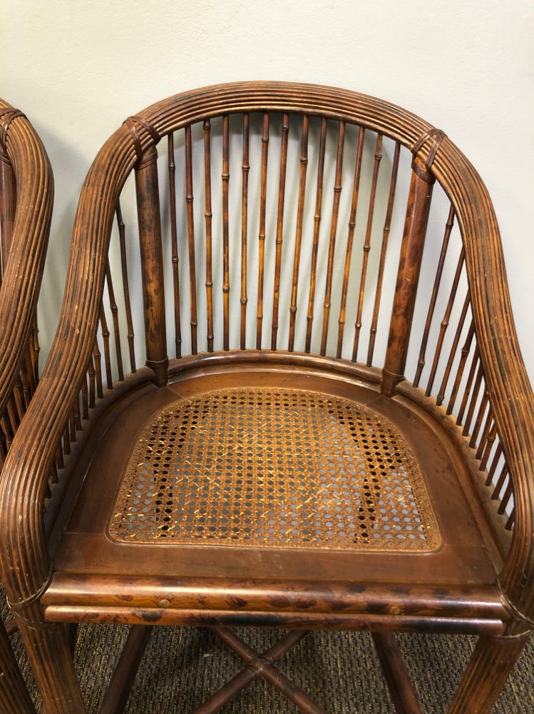 Set of 2 Gorgeous Mid Century Brighton Pavilion Scorched Bamboo Cane Bar Stools - Good